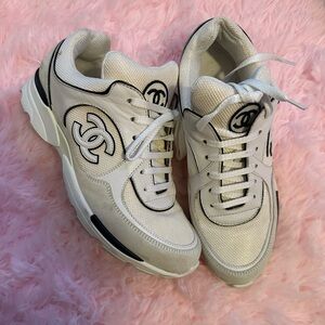 CHANEL ivory/cream and black sneakers . Size 40 . WORN